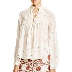 Free People Ivory Blouse with Floral Embroidery